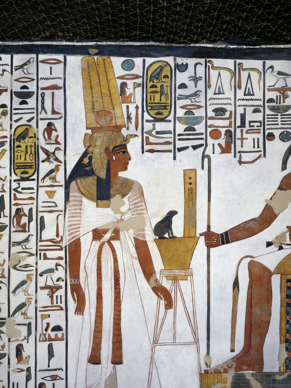 Egypt, Théby, Luxor, Údolí královen, Hrobka Nefertari, Příloha k předsíni, Nástěnné malby, Královna před božským písařem Thothem od Egyptian 19th Dynasty