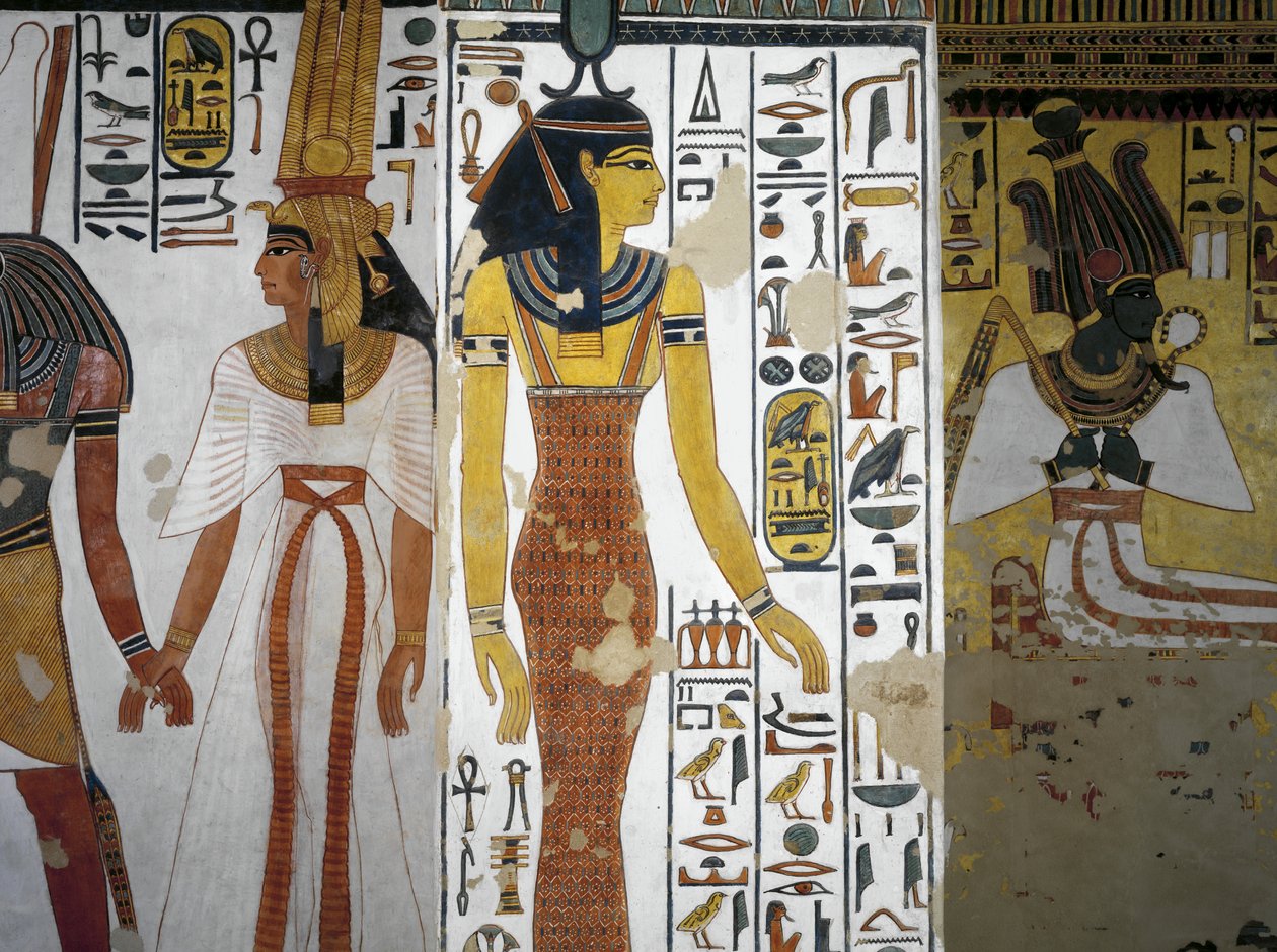 Egypt, Théby, Luxor, Údolí královen, Nefertariina hrobka, Vestibul, Nástěnné malby, Harsiesi vede královnu za ruku, bohyně Neith od Egyptian 19th Dynasty