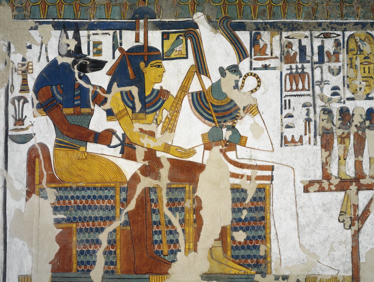 Egypt, Théby, Luxor, Údolí královen, Hrobka Nefertari, nástěnná malba Anubise, Isis a Osiris v pohřební komoře z 19. dynastie od Egyptian 19th Dynasty