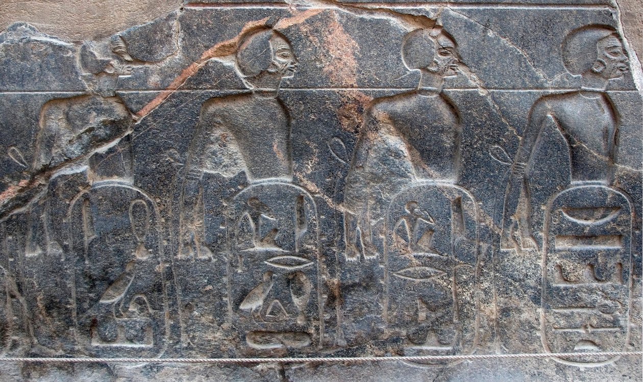 Egyptský starověk: detail reliéfu zdobícího znaky území dobytých faraonem Ramsesem II. (1292-1186 př. n. l.). Chrám v Luxoru. Východní břeh (Théby), Egypt od Egyptian 19th Dynasty