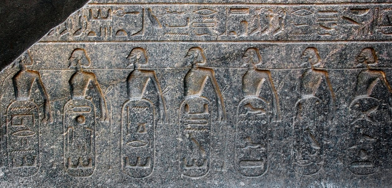 Egyptský starověk: detail reliéfu zdobícího znaky území dobytých faraonem Ramsesem II. (1292-1186 př. n. l.). Chrám v Luxoru. Východní břeh (Théby), Egypt od Egyptian 19th Dynasty