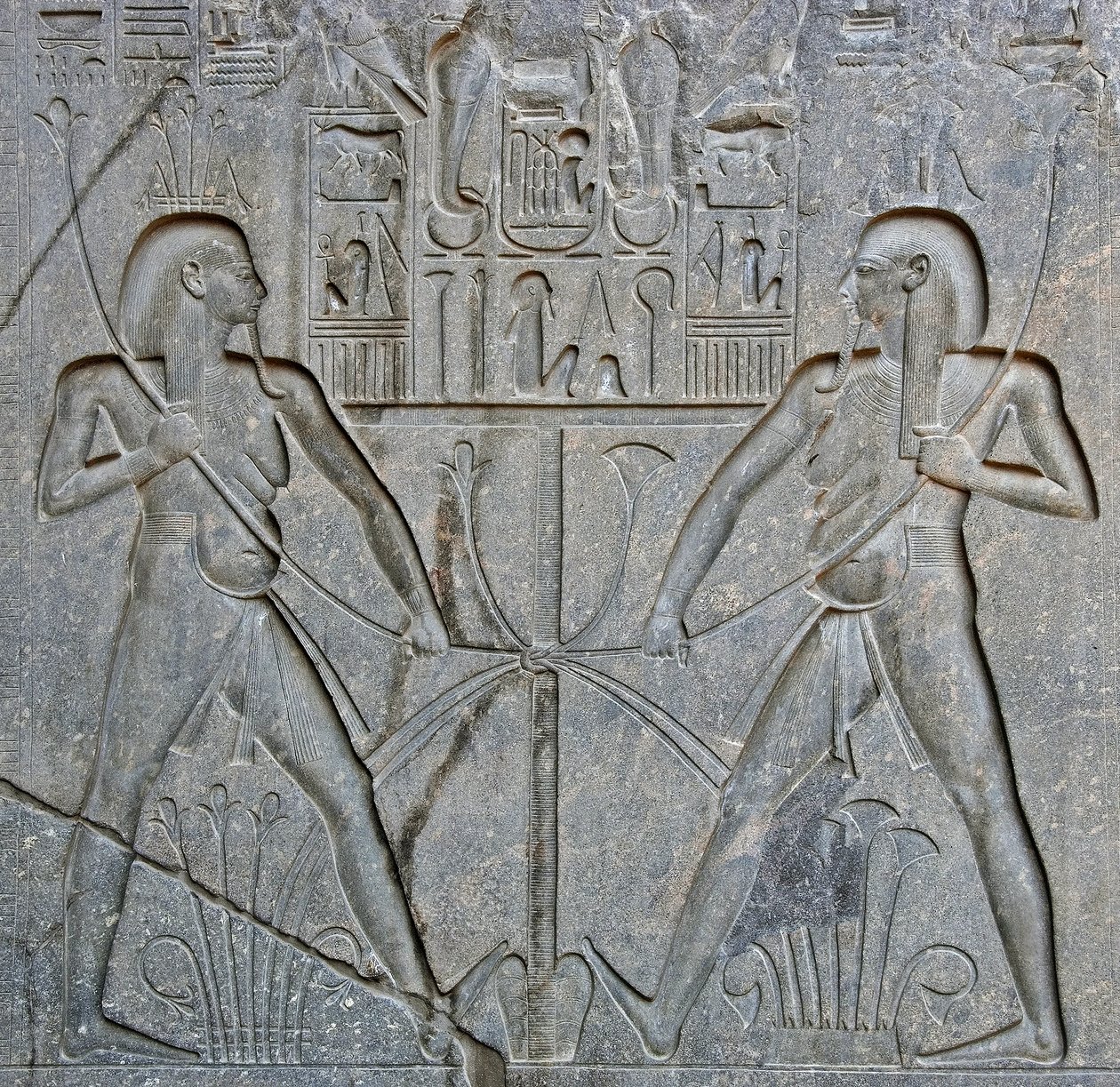 Egyptský starověk: detail podstavce sochy faraona Ramsese II. (1292-1186 př. n. l.) představující spojení Horního a Dolního Egypta. Chrám v Luxoru. Východní břeh (Théby), Egypt od Egyptian 19th Dynasty
