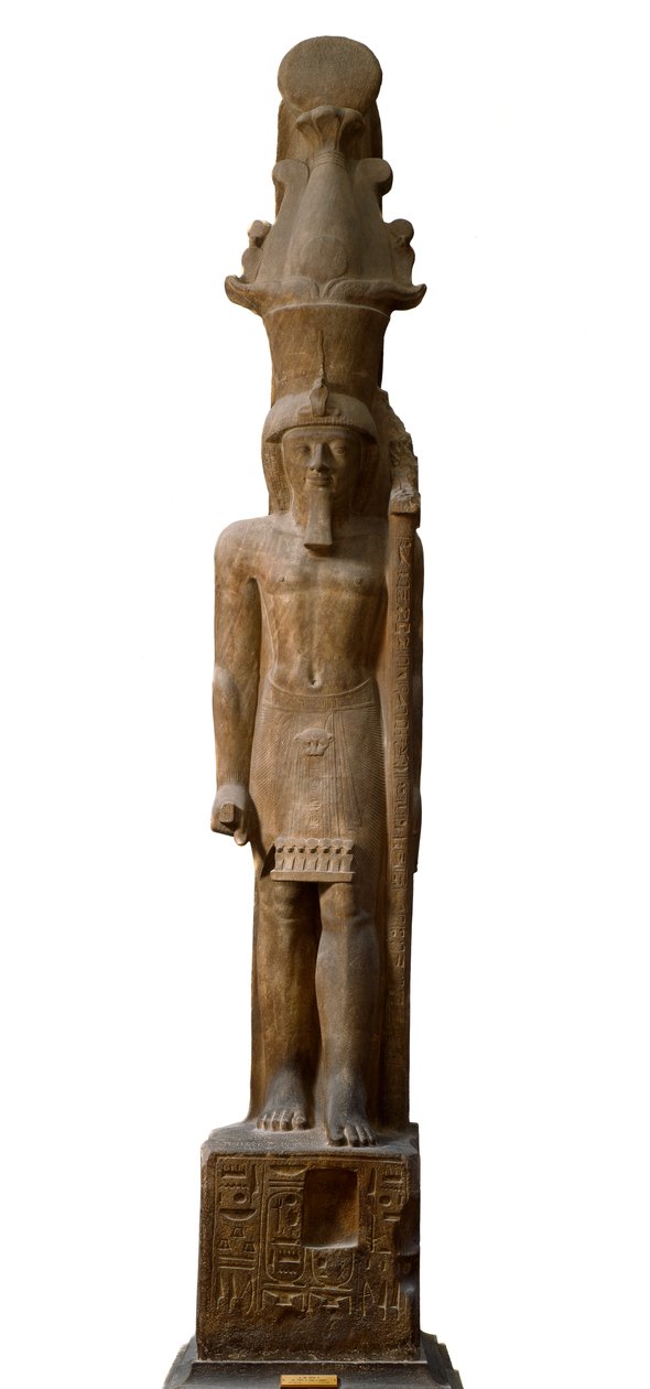 Egyptský starověk: socha faraona Sethiho II (Seti nebo Sety) (1200-1194 př. n. l.) z 19. dynastie v růžovém gresu, nese žezlo se symbolem boha Amona, Dim. 465 cm. Egyptské muzeum v Turíně. od Egyptian 19th Dynasty
