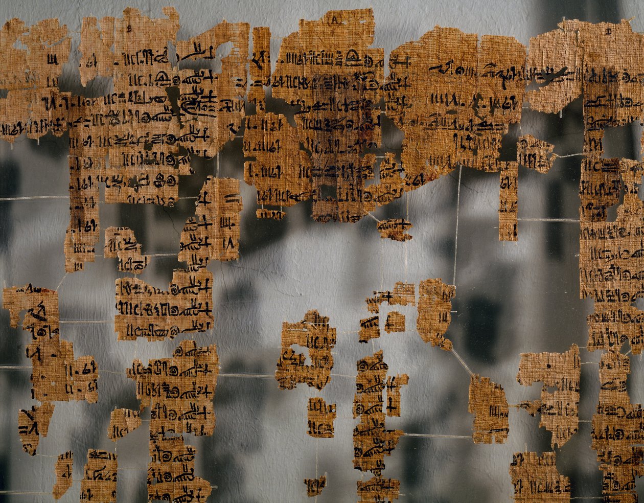 Zlomky Turínského papyru, známého také jako Královský papyrus nebo Papyrus královského kanovníka, o rozměrech asi 41 x 170 cm, pravděpodobně z doby vlády Ramsese II. z Théb, Egyptská civilizace, Nová říše, dynastie XIX. od Egyptian 19th Dynasty