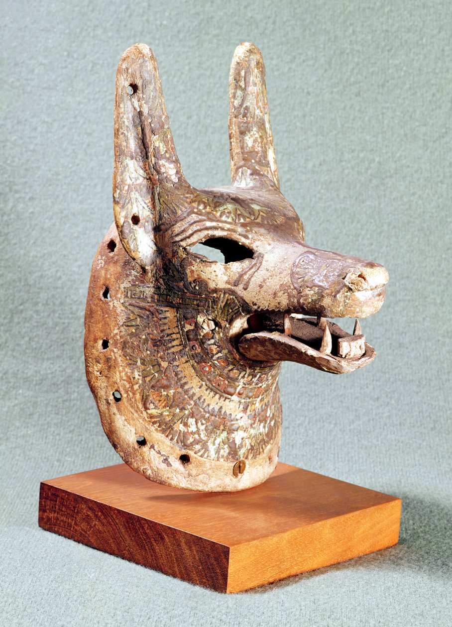 Hlava Anubise, se sklopnou čelistí, používaná jako věštecká maska, Nová říše (lakované dřevo) (viz také 55441) od Egyptian 19th Dynasty