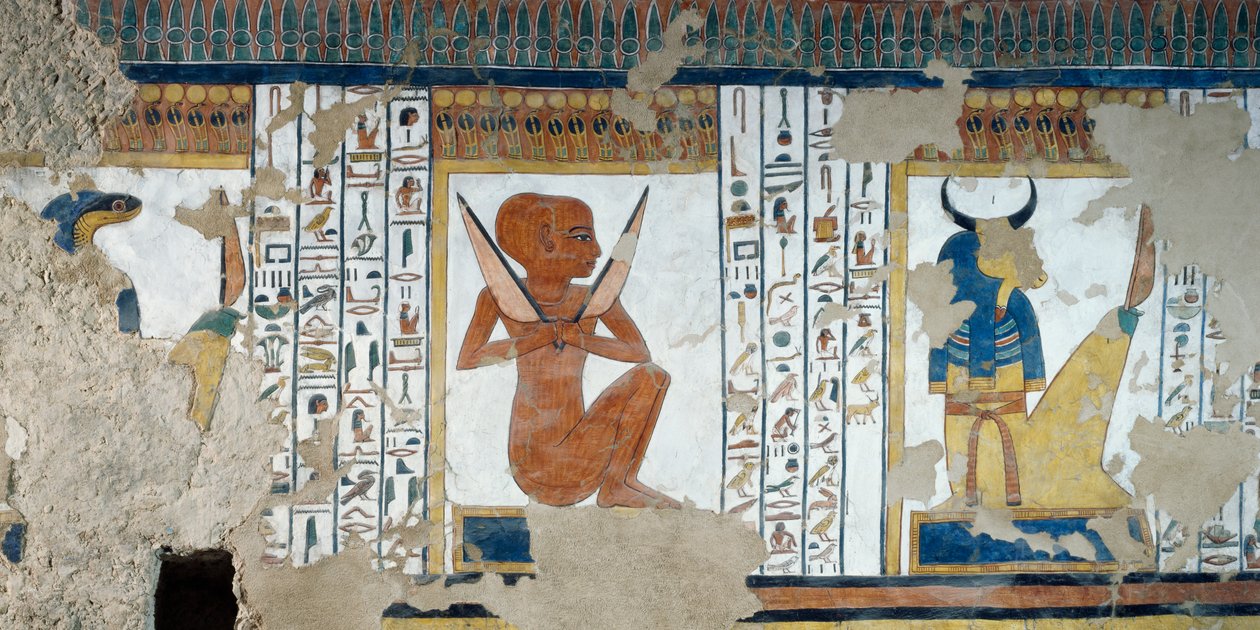 Henty-Reki, strážce páté brány království Osiris a strážce čtvrté brány s volskou hlavou, fresky pohřební komory Nefertari, Údolí královen, Luxor, Théby (Seznam světového dědictví UNESCO od Egyptian 19th Dynasty