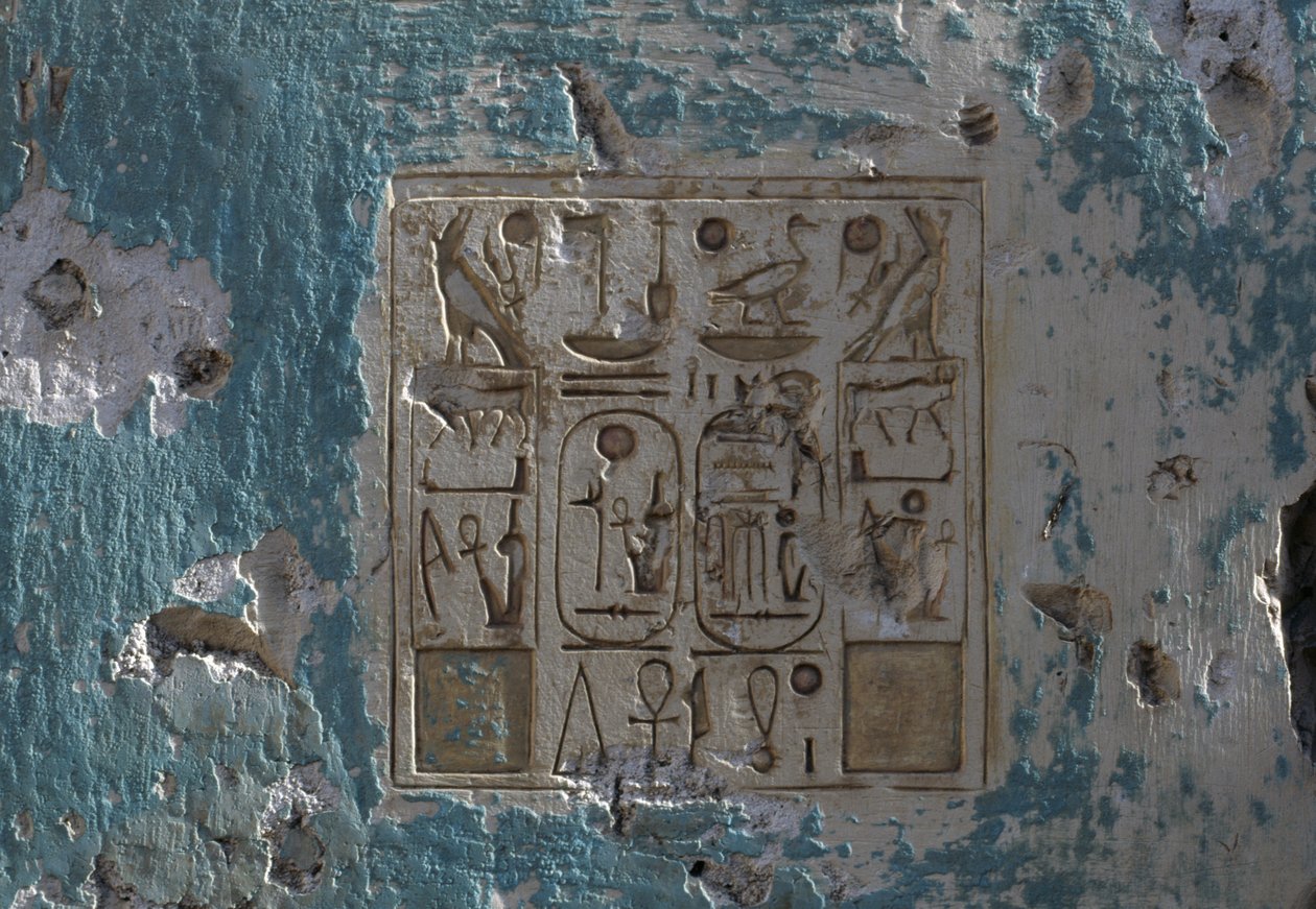 Hieroglyfy, reliéf, Chrám Ramsese II, Abydos, Egypt, Egyptská civilizace, Nová říše, Dynastie XIX (foto) od Egyptian 19th Dynasty