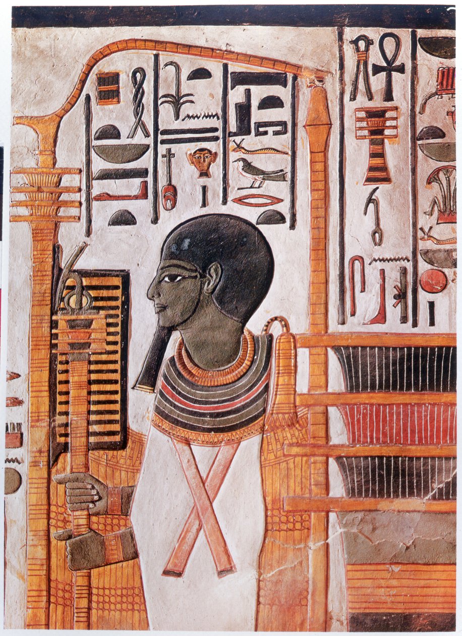 Dějiny. Starověký Egypt. Ptah, zbožštění prapůvodní mohyly v kosmogonii Ennead. Freska v hrobce Nefertari v Údolí králů, starověký Egypt. (freska) od Egyptian 19th Dynasty