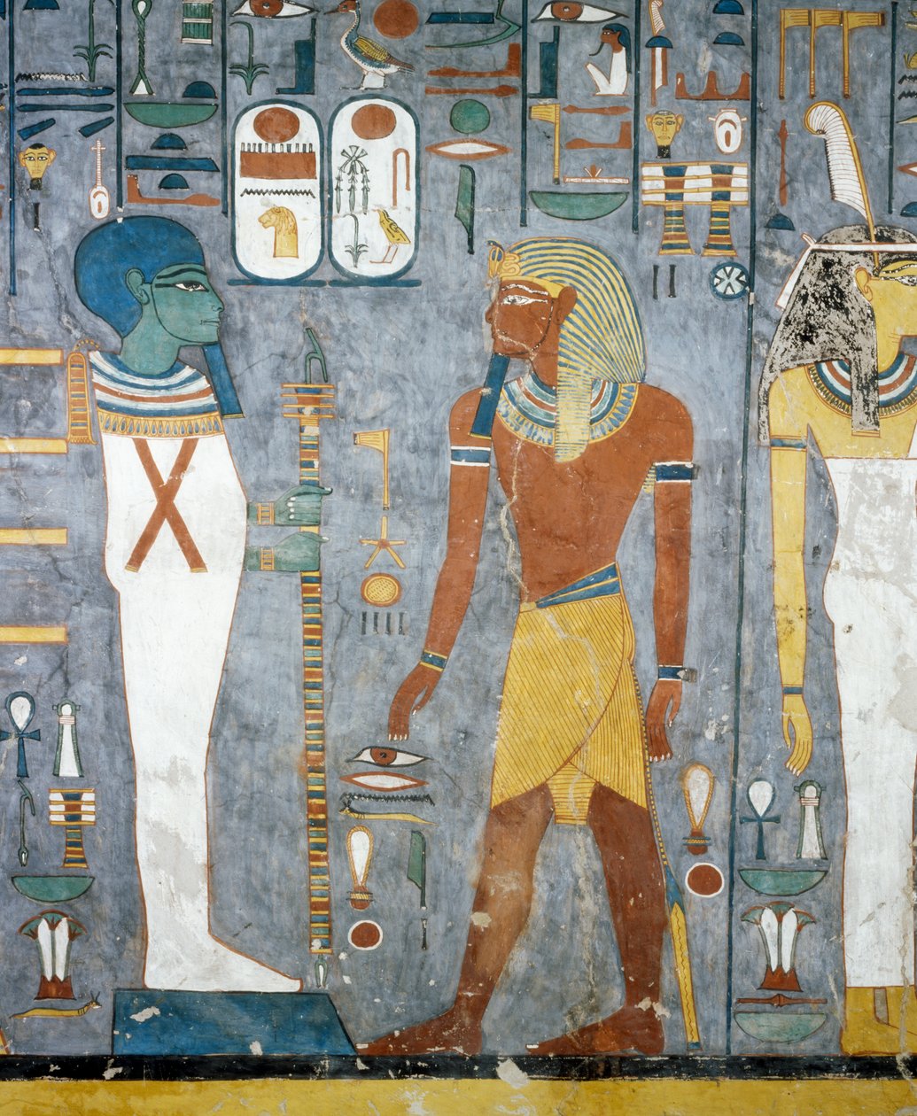 Maat, Ramesse I., Ptah a Osirisův sloup, fresky z pohřební komory Hrobky Ramesse I., Údolí králů, Luxor, Théby (Seznam světového dědictví UNESCO od Egyptian 19th Dynasty