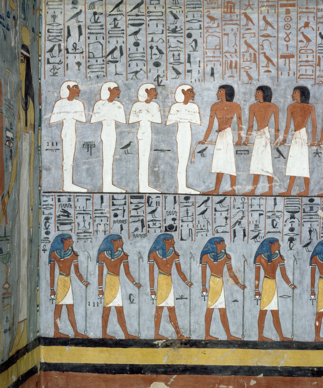 Mumie a mužské postavy, detail z fresek v pohřební komoře hrobky Ramesse I, Údolí králů, Luxor, Théby (Seznam světového dědictví UNESCO od Egyptian 19th Dynasty