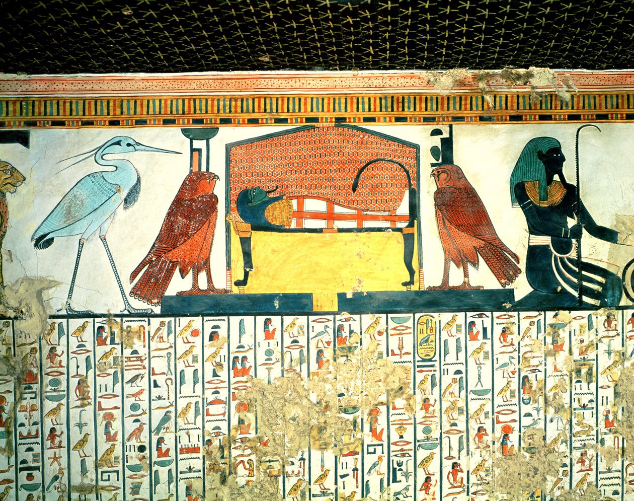 Mumie na pohřební posteli s různými božstvy, z hrobky Nefertari, Nové království (nástěnná malba) od Egyptian 19th Dynasty