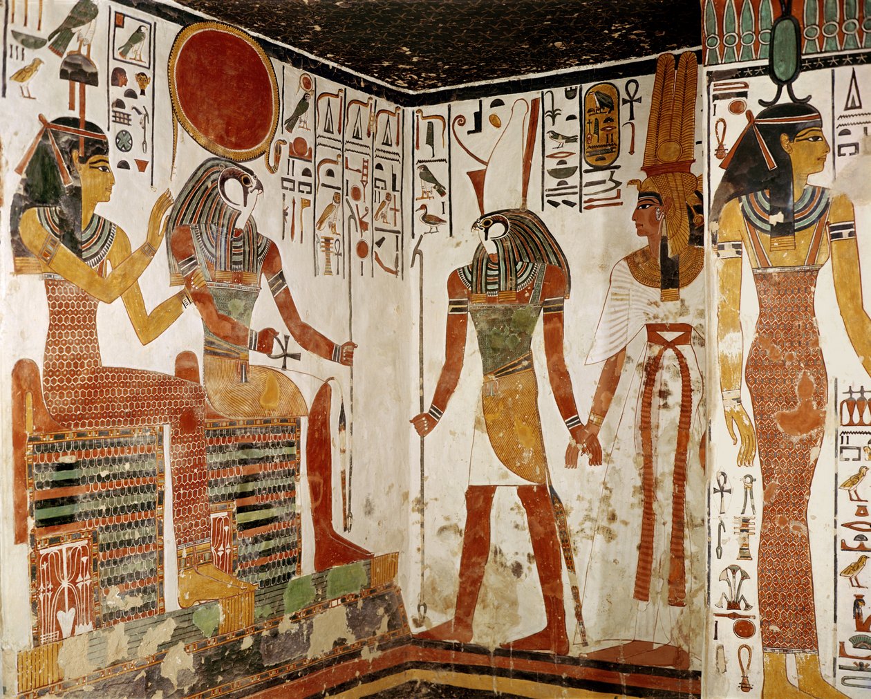 Nefertari je přiveden před boha Re-Horakhtyho Horem z hrobky Nefertari, Nová říše (nástěnná malba) od Egyptian 19th Dynasty