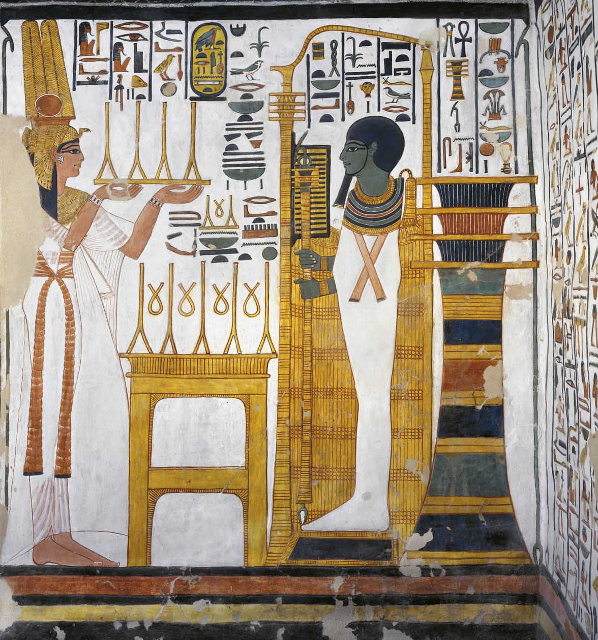 Nefertari nabízí Ptahovi prádlo, detail ze západní stěny východní přístavby hrobky Nefertari (nástěnná malba) od Egyptian 19th Dynasty