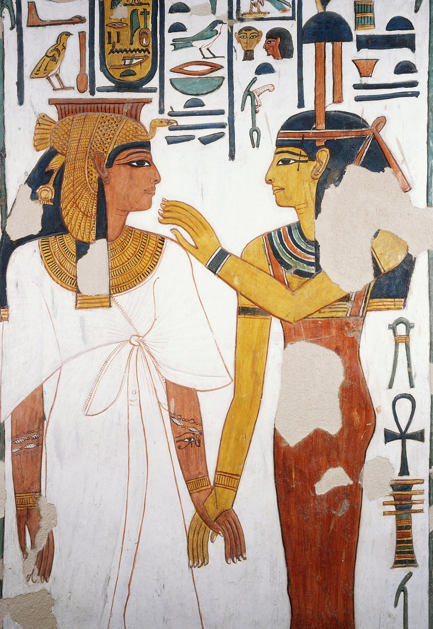 Nefertari se setkává s bohyní Isis, freska, severní fasáda čtvrtého pilíře, pohřební komora, Hrobka Nefertari (QV66), Údolí královen, Théby (Seznam světového dědictví UNESCO od Egyptian 19th Dynasty