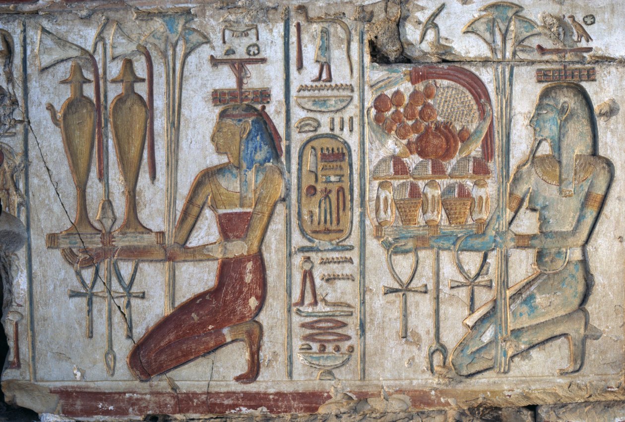Obětní scéna, reliéf, Chrám Ramsese II, Abydos, Egypt, Egyptská civilizace, Nová říše, Dynastie XIX (foto) od Egyptian 19th Dynasty
