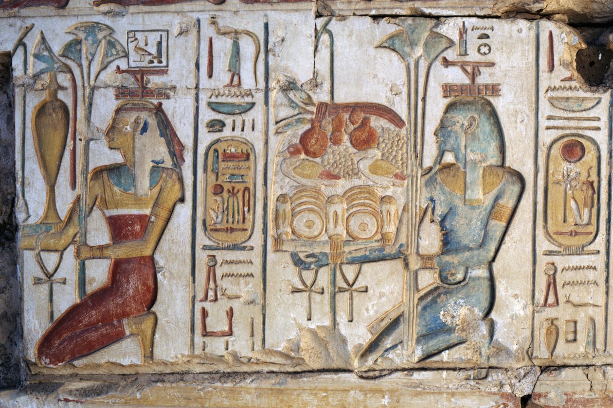 Obětní scéna, reliéf, Chrám Ramsese II, Abydos, Egypt, Egyptská civilizace, Nová říše, Dynastie XIX (foto) od Egyptian 19th Dynasty