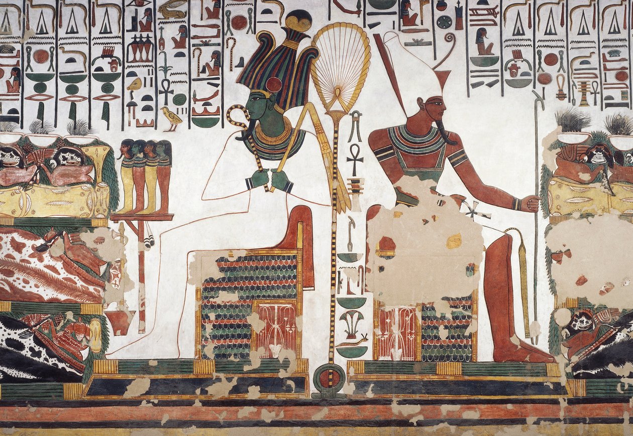 Osiris a Atum, freska, východní stěna, východní boční komora, Nefertariina hrobka (QV66), Údolí královen, Théby (Seznam světového dědictví UNESCO) od Egyptian 19th Dynasty