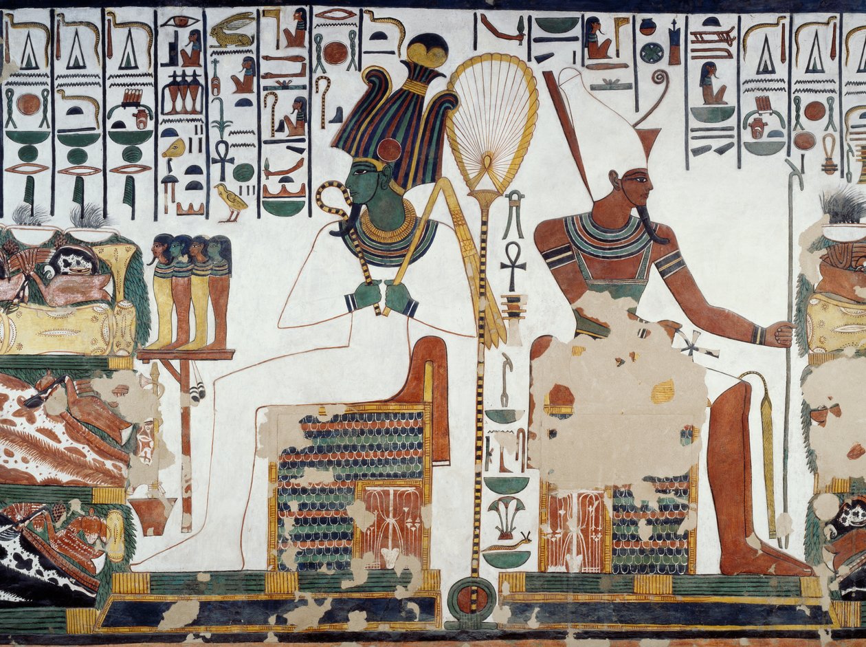 Osiris a Atun, detail fresek v druhé komoře hrobky Nefertari, Údolí královen, Luxor, Théby (Seznam světového dědictví UNESCO od Egyptian 19th Dynasty