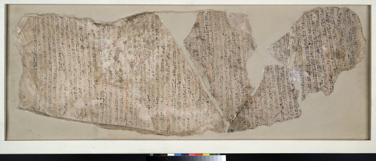 Ostrakon s velkou částí příběhu o Sinuhe (vápenec), popsaný černě a červeně v hieratickém písmu. od Egyptian 19th Dynasty