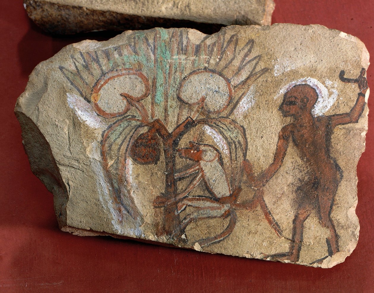 Ostrakon zobrazující opici sbírající datle, kterou pozoruje mladý muž z Egypta, Západní Théby, Deir el-Medina od Egyptian 19th Dynasty