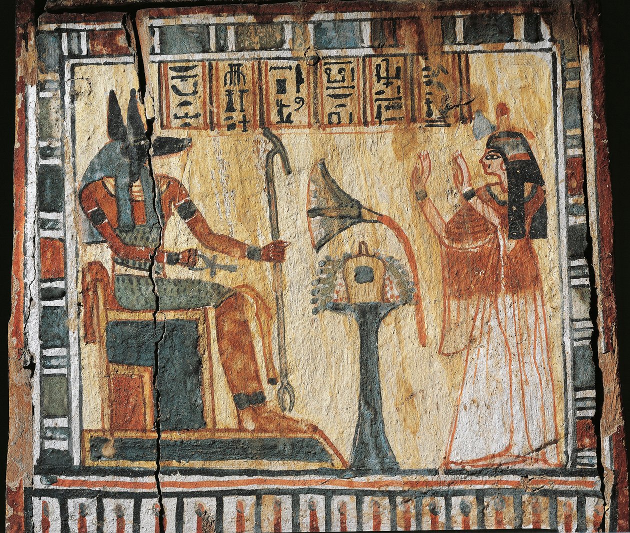 Malovaná dřevěná krabička s vyobrazením zesnulého a boha Anubiho, pro šabtis Tamutnofretu od Egyptian 19th Dynasty