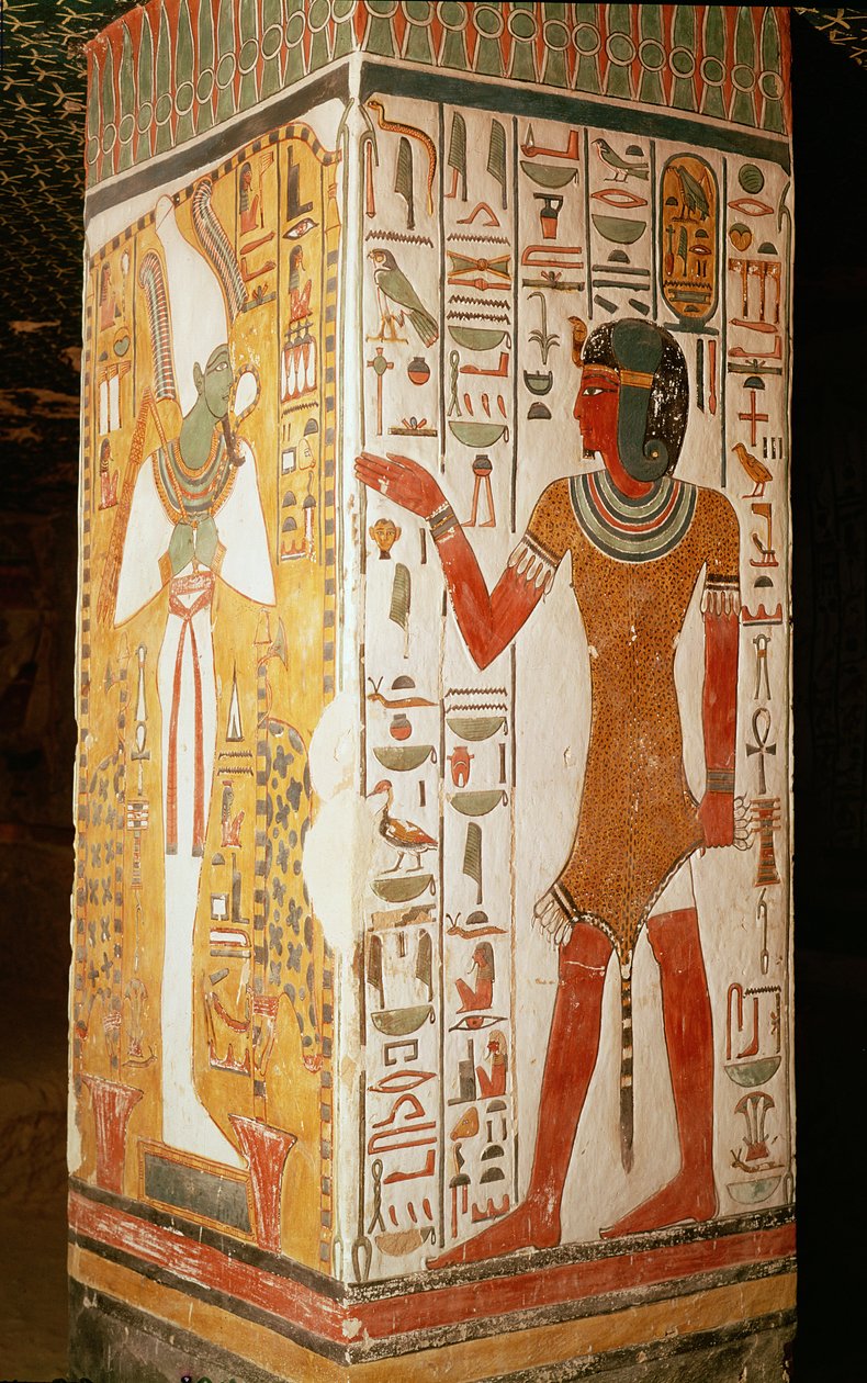 Sloup zobrazující Osirise a kněze v panterské kůži z Hrobky Nefertari, Nová říše (nástěnná malba) od Egyptian 19th Dynasty
