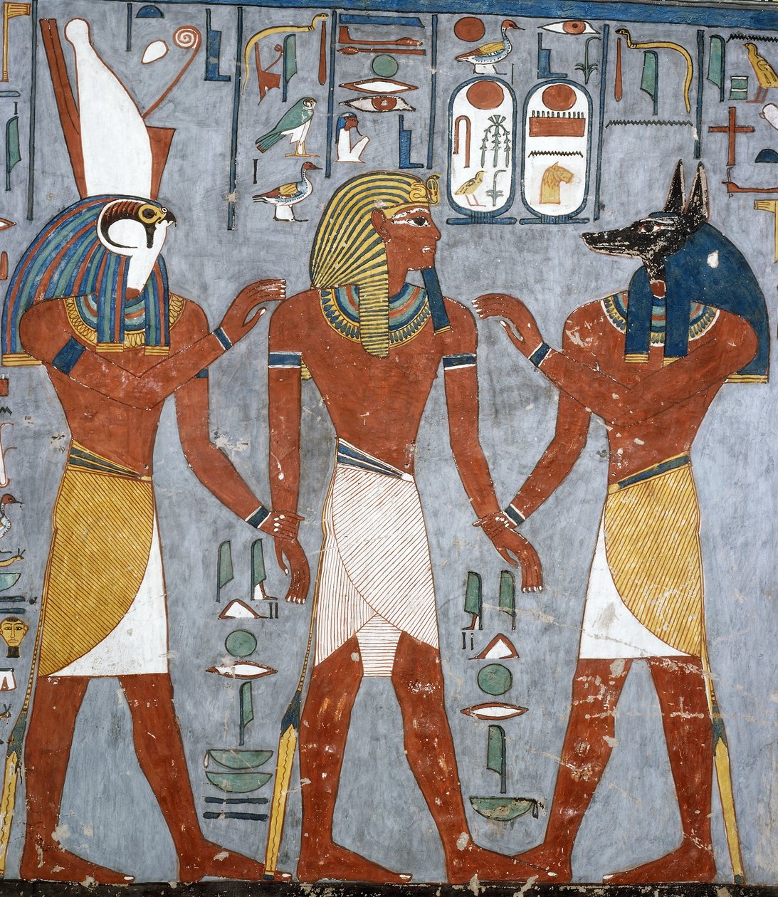 Rameses I mezi Horem a Anubisem, freska, pohřební komora, Hrobka Ramesse I (KV16), Údolí králů, Théby (Seznam světového dědictví UNESCO od Egyptian 19th Dynasty