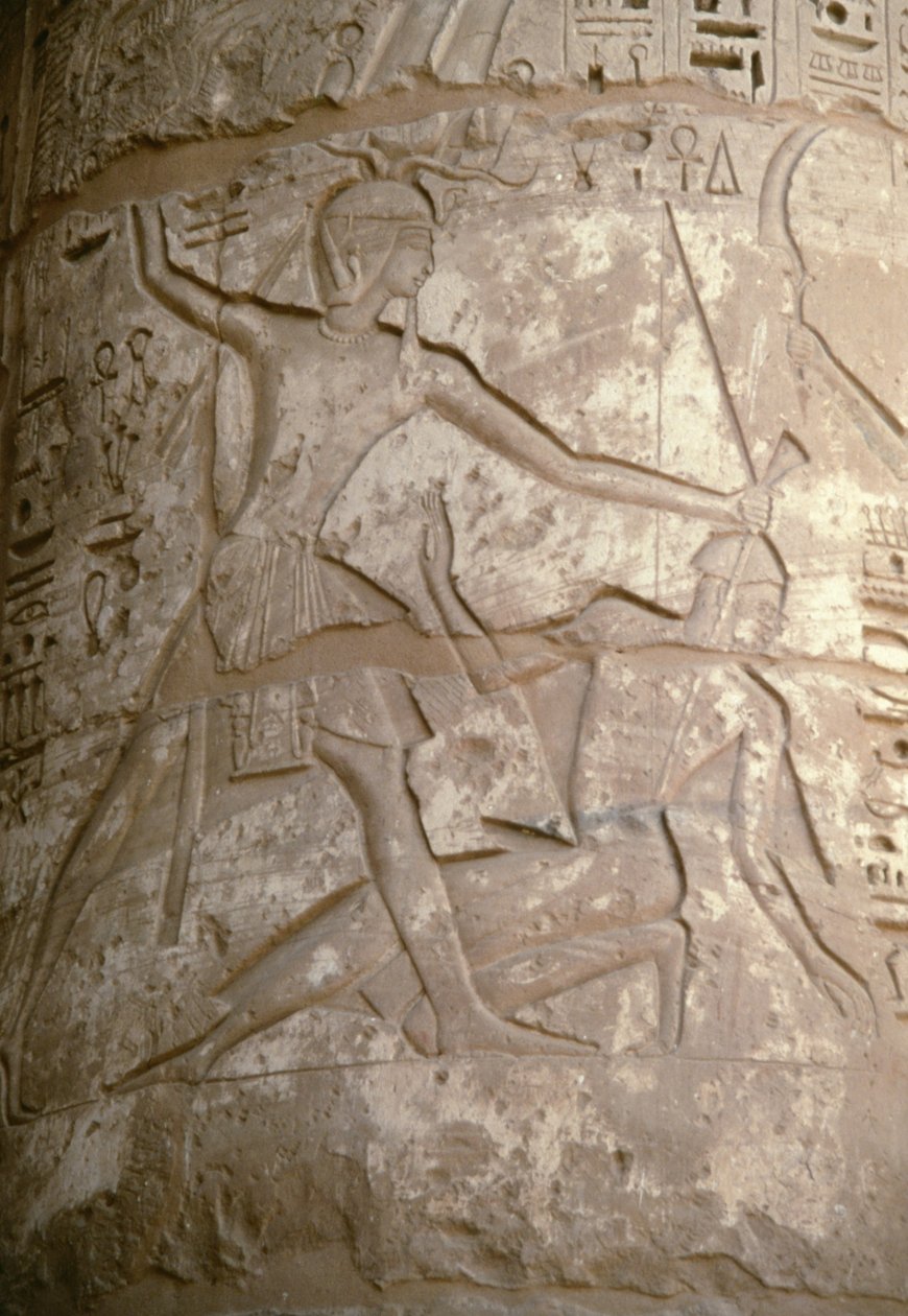 Ramses drží své asijské nepřátele za vlasy, zatímco se je chystá zabít, reliéf, Chrám Setiho I., Kanais, Egypt, Egyptská civilizace, Nová říše, Dynastie XIX (foto) od Egyptian 19th Dynasty