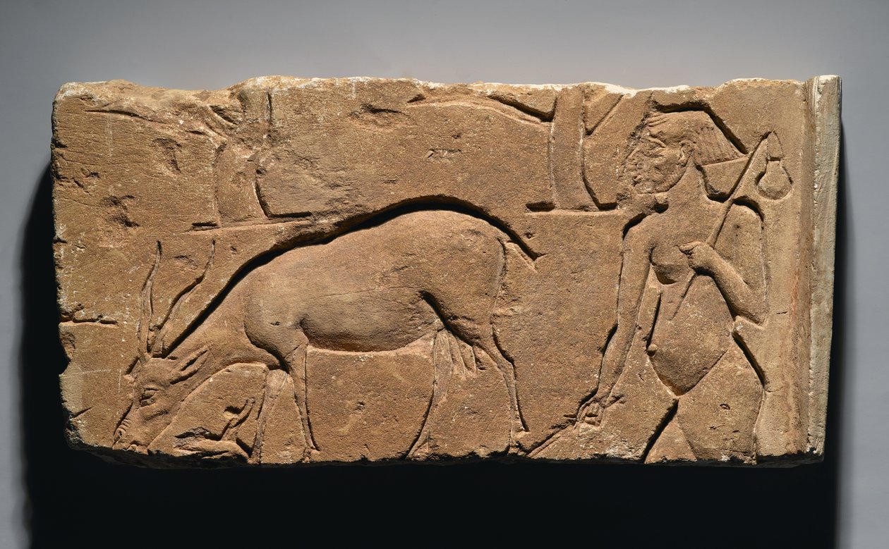 Reliéf zobrazující pastevce koz s kozou a stromy, možná z Tell el-Amarna, Nová říše, 1350-1333 př.nl (vápenec) od Egyptian 19th Dynasty
