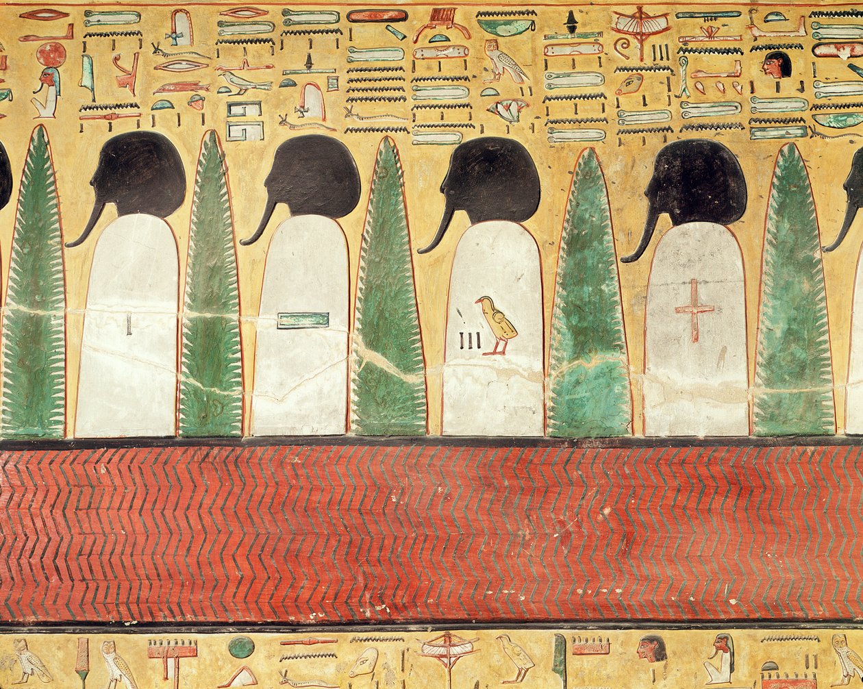 Reliéf zobrazující černohlavé bohy v podsvětí, z hrobky Setiho I. (r.1294-1279 př.nl) Nová říše (malovaný vápenec) od Egyptian 19th Dynasty
