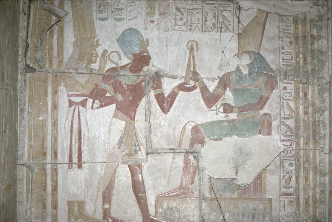 Reliéf Isis, představující Sethos I (1303-1290 př. n. l.) Horovi v Nové říši (nástěnná malba) od Egyptian 19th Dynasty