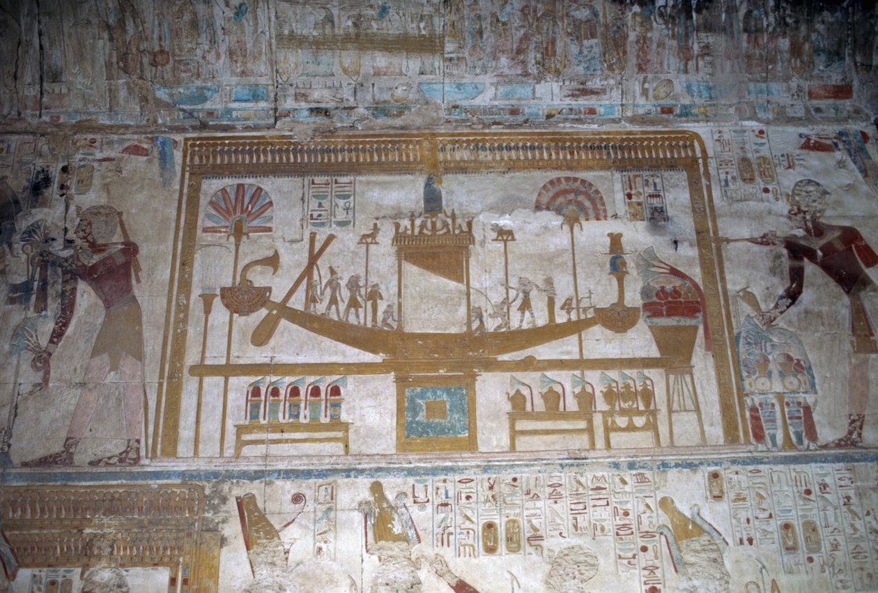 Posvátná loď, basreliéf, Osirisova kaple, chrám Setiho I. od Egyptian 19th Dynasty