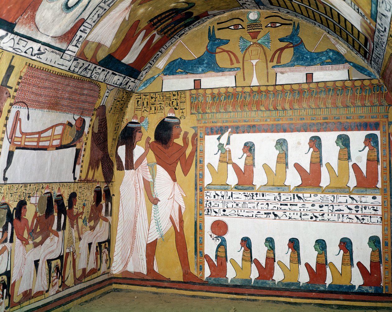 Sennedjem a jeho manželka čelí naos obsahující dvanáct božstev, ze západní stěny hrobky Sennedjem, The Workers Village, New Kingdom (nástěnná malba) od Egyptian 19th Dynasty