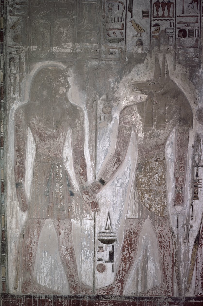 Seti I (1303-1290 př.nl) a Anubis v hrobce Seti, Nová říše (nástěnná malba) od Egyptian 19th Dynasty