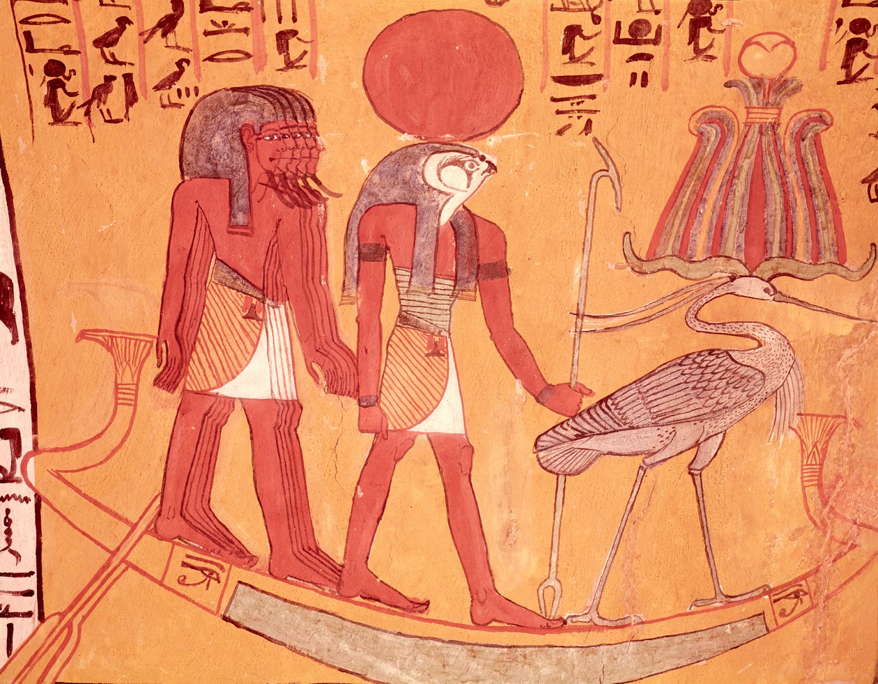 Solární barque s Re-Horakhty, ptákem benu a čtyřmi dalšími božstvy, z hrobky Sennedjem, The Workers Village, New Kingdom (nástěnná malba) od Egyptian 19th Dynasty