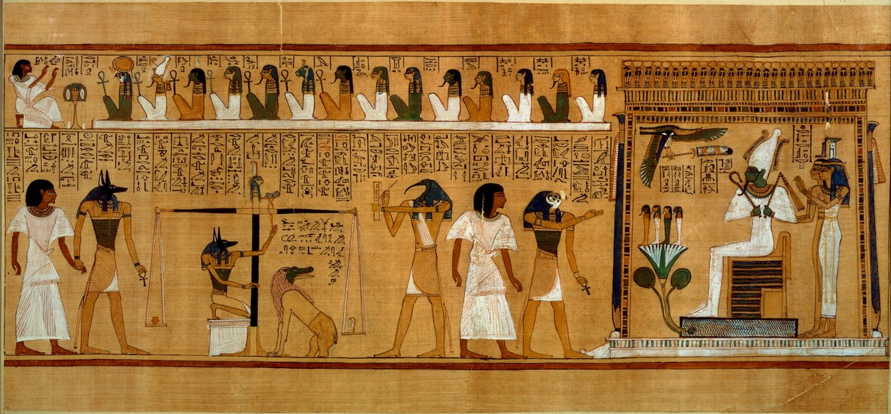 The Weighing of the Heart against Maats Feather of Truth, z Knihy mrtvých královského písaře Hunefera, Nová říše, cca 1275 př. n. l. (papyrus) od Egyptian 19th Dynasty