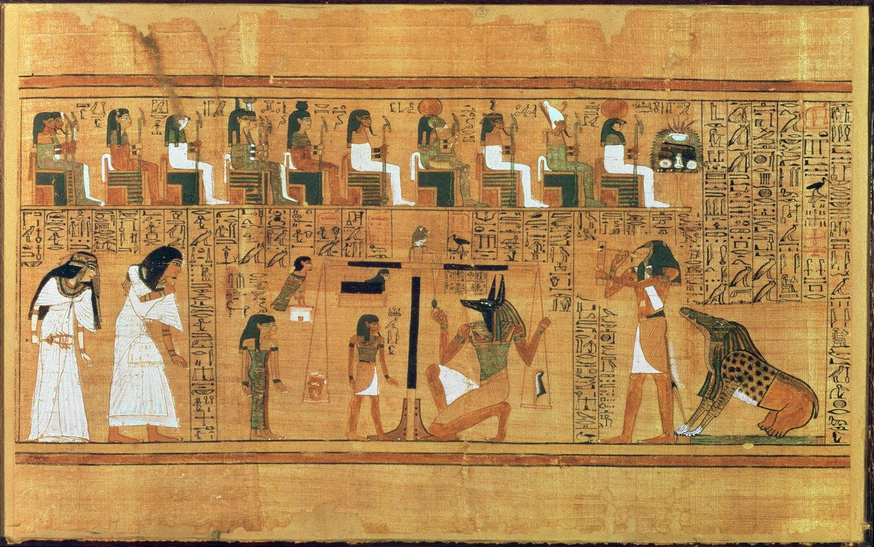 Vážení srdce proti peří pravdy, z Knihy mrtvých písaře Anyho, asi 1250 př. n. l. (malovaný papyrus) od Egyptian 19th Dynasty