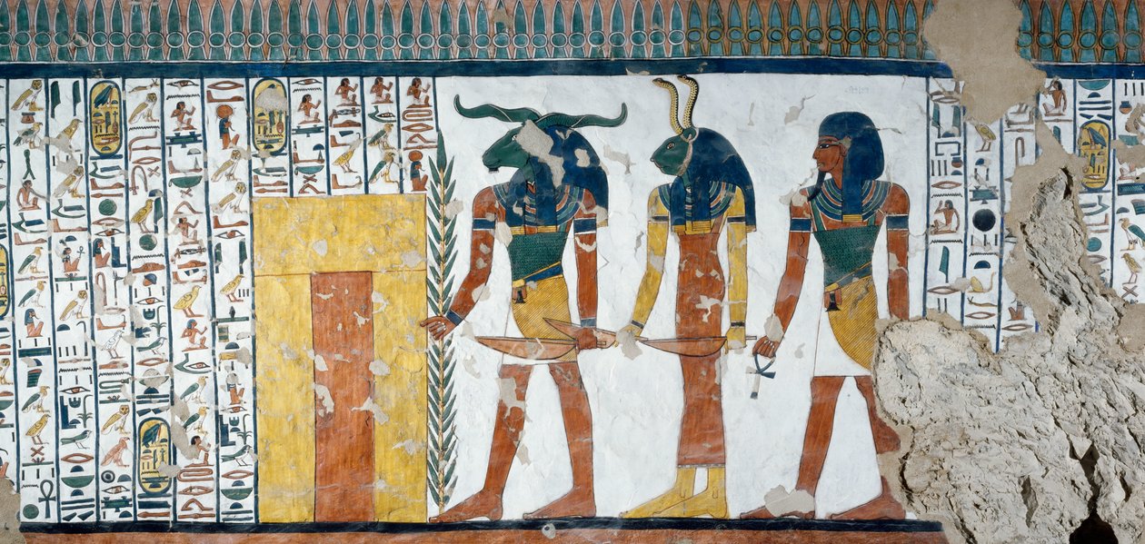 Tři rody střežící druhou bránu království Osiris, Kniha mrtvých, Kapitola 144, detail z fresek v pohřební komoře Nefertari, Údolí královen, Luxor, Théby. Egyptská civilizace, Nová říše, dynastie XIX. od Egyptian 19th Dynasty