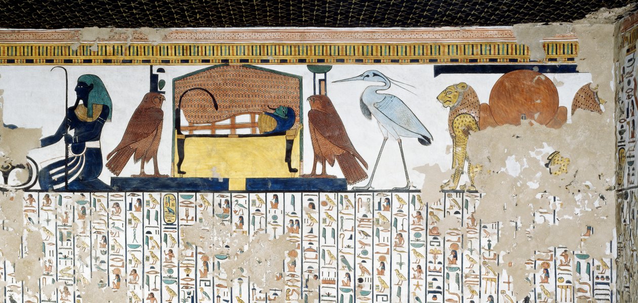 Horní registr, lvi se symbolem Atum, bůh Bennu, symbol duše Ra, mumie Nefertari se dvěma sokoly a génius Nilu, dolní registr, kapitola 17 Knihy mrtvých, freska, Hrobka Nefertari, Údolí královen, Thebes. Nová říše, dynastie XIX od Egyptian 19th Dynasty