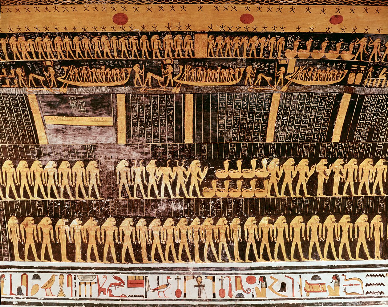 Detail z Knihy dne ze stropu pohřební komory hrobky Ramesse VI. (r.1143-1136 př.nl) Nová říše (nástěnná malba) od Egyptian 20th Dynasty
