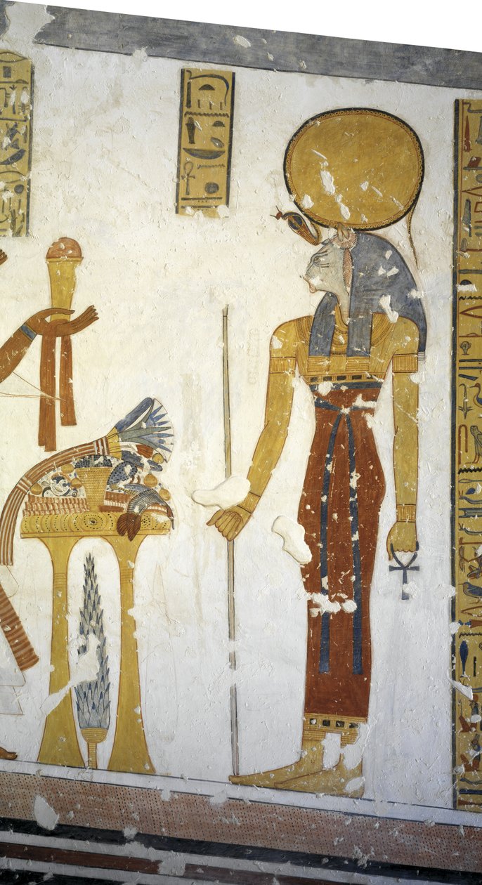 Egypt, Théby, Luxor, Údolí králů, hrobka prince Mentuherkhepeshefa, nástěnná malba bohyně s kočičí hlavou Bastet, 20. dynastie od Egyptian 20th Dynasty