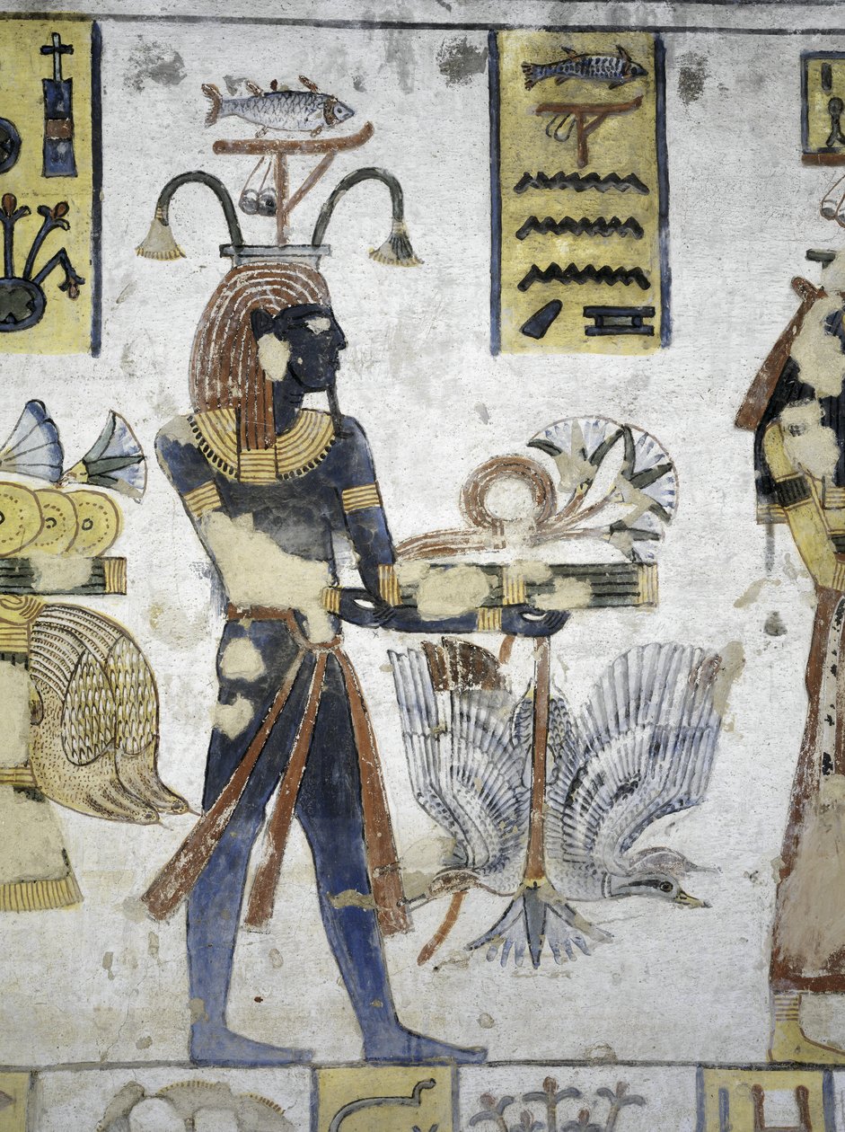 Egypt, Théby, Luxor, Údolí králů, hrobka Ramsese III., nástěnná malba rituálních obětí, z 20. dynastie od Egyptian 20th Dynasty