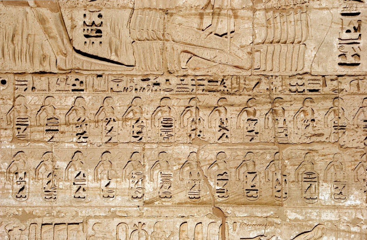Egyptský starověk: detail reliéfů prvního pylonu představující znaky měst dobytých faraonem Ramsesem III. Pohřební chrám Ramses III (1187-1156 př.nl). Luxor, Medinet Habou, Egypt od Egyptian 20th Dynasty