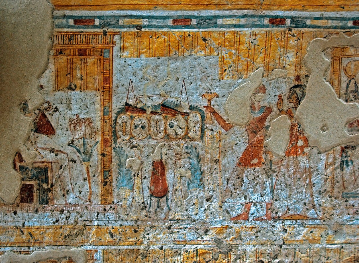 Egyptský starověk: zobrazení Shuroye a jeho manželky uctívající boha Osirise sedícího před čtyřmi Horovými syny v papyrusovém listu. Obraz hrobky Shuroy (TT13). 20. dynastie. 1190-1077 př. n. l. Nekropol Dra Abu el-Naga, Západní břeh od Egyptian 20th Dynasty