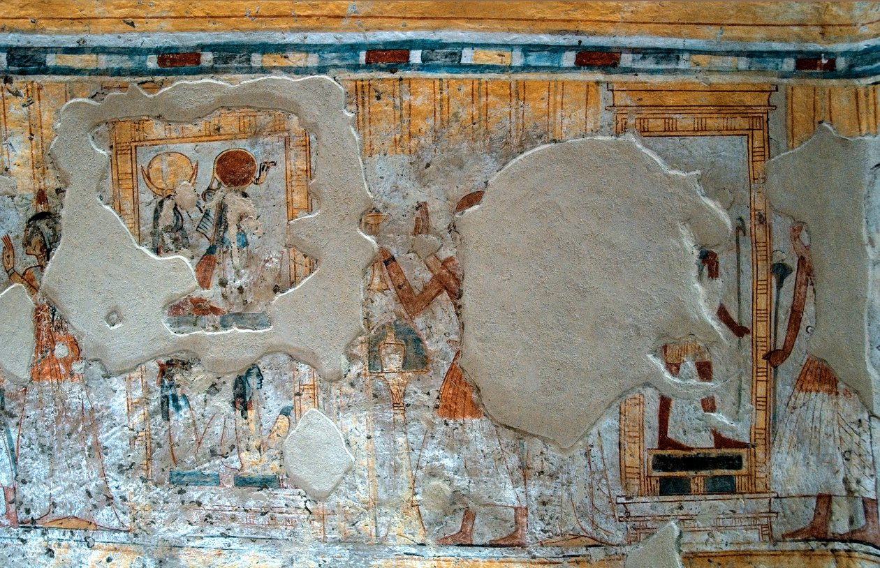 Egyptský starověk: zobrazení Shuroye a jeho manželky uctívající boha Thota a bohyni Ra. Obraz hrobky Shuroy od Egyptian 20th Dynasty