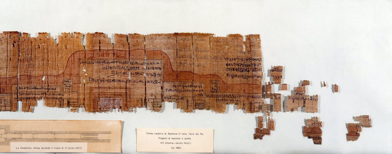 Egyptský antiquitis: papyrus představující plán hrobky faraona Ramsese IV. (1154-1143 př. n. l.) 20. dynastie. Turín, Egyptské muzeum od Egyptian 20th Dynasty