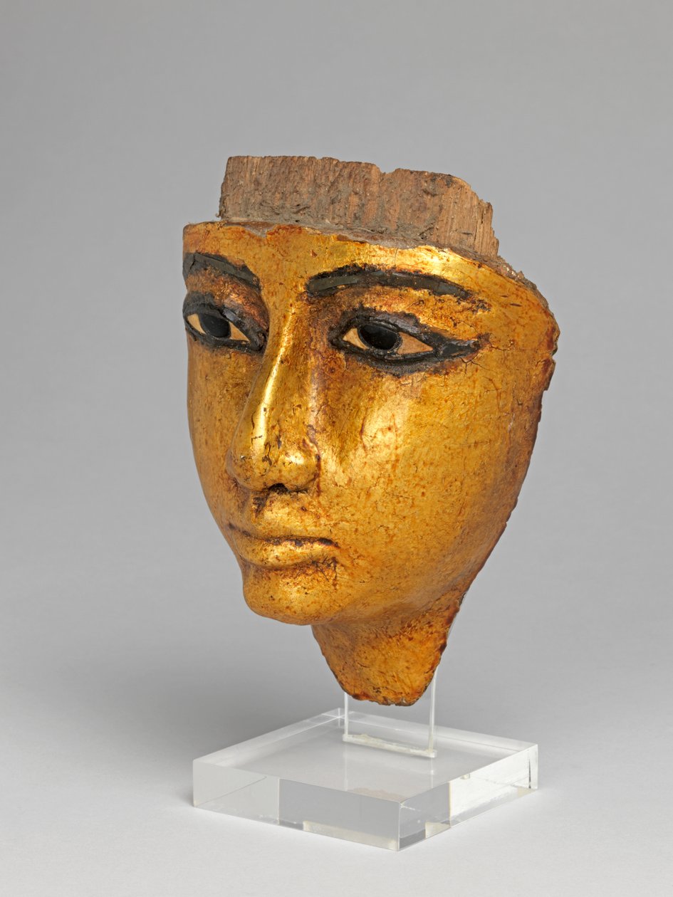 Obličej z rakve, s vykládanýma očima a obočím, zlacený od Egyptian 20th Dynasty