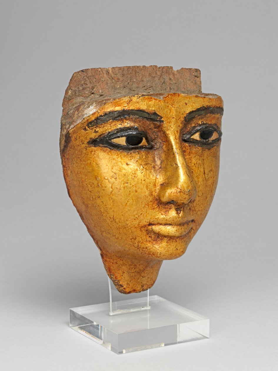 Obličej z rakve, s vykládanýma očima a obočím, zlacený od Egyptian 20th Dynasty