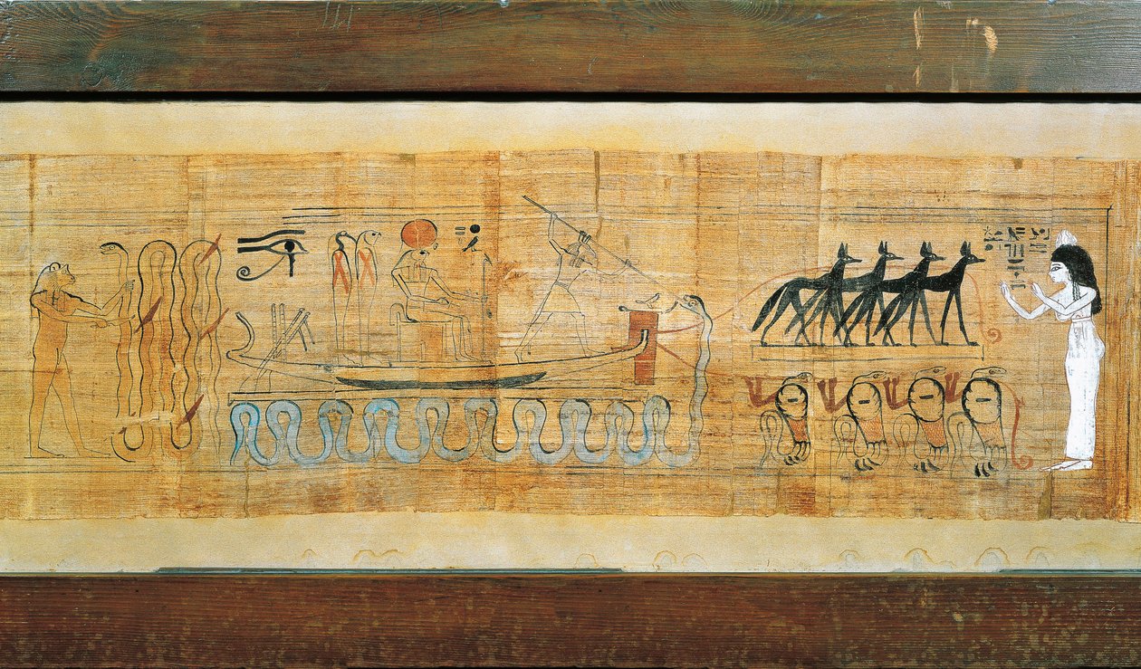 Herubenův papyrus, božstvo na solární lodi Setha od Egyptian 20th Dynasty