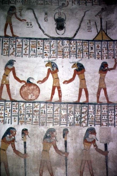 Nástěnná malba z I. komory v hrobce Ramesse VI., Nová říše (asi 1145-1137 př. n. l.) (nástěnná malba) od Egyptian 20th Dynasty